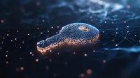 Digital car key with glowing orange particles and network connections on dark blue background, modern automotive security concept for smart vehicle access systems.