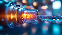 Glowing fiber optic cable connector with orange and blue light effects against dark background, showing data transmission and network connectivity concept.