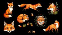 Watercolor fox clipart set with cute red foxes in various poses, acorns, and autumn leaves, isolated on transparent background for stickers, t-shirt design, and print on demand.