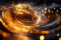Golden liquid splash creating dynamic circular wave with droplets and bokeh effects against dark background, dramatic macro photography for luxury designs.