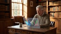 Senior man with gray hair and light skin tone, wearing casual sweater, working on laptop with financial charts in home library office surrounded by bookshelves and natural window light.