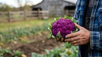 Purple cauliflower held by farmer in blue plaid shirt at vegetable garden farm. Fresh organic produce harvest for agriculture, farming, and food industry use.