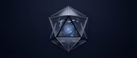 Geometric metallic icosahedron with glowing blue crystal core on dark background, suitable for sci-fi, technology, and abstract design projects.