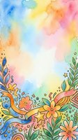 Watercolor rainbow gradient background with hand-drawn floral and botanical elements, featuring flowers, leaves, and decorative swirls in vibrant colors. Isolated design on white space, ready for greeting cards, posters, and creative projects.