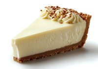 Slice of creamy vanilla cheesecake with graham cracker crust and whipped cream topping garnished with chocolate shavings on white background.