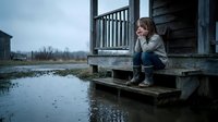 Young woman sitting alone on wooden porch steps during overcast day, contemplating by water. Solitude, reflection, mental health awareness concept.