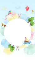 Watercolor children frame with kite, balloon, rabbit, birds, trees and sailboat on pastel background. Copy space for text in center circle.