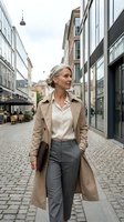 Confident mature businesswoman walking through European city street wearing elegant trench coat and professional attire for corporate lifestyle.