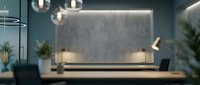 Modern minimalist office reception desk with concrete wall, pendant lighting and plants creating professional corporate interior design atmosphere.