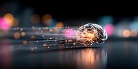 Digital brain with glowing light trails against dark background, representing artificial intelligence, neural networks, and cognitive technology.