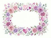 Romantic floral frame with purple roses, pink hearts and eucalyptus leaves on white background for wedding invitations and Valentine's Day cards.