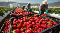 Fresh ripe strawberries in harvest crates at organic farm with workers picking berries in greenhouse rows. Agricultural produce ready for market distribution.