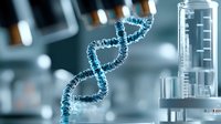 Glowing blue DNA helix strand floating in modern laboratory setting with test tubes and research equipment in background, scientific genetics concept.