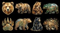 Grizzly bear head, brown bear standing, bear cub sitting, forest bear silhouette, bear paw print, ornamental bear, black bear, and spotted bear isolated on transparent background, ready for t-shirt design, clipart, stickers, sublimation, and print-on-demand products.