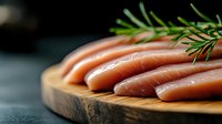 Raw chicken breast fillets arranged on wooden cutting board garnished with fresh rosemary sprigs, dark moody background highlights meat texture and culinary presentation.