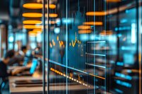 Financial data visualization with glowing orange and blue digital charts on glass wall in modern trading office, showing market analysis and statistics.