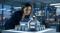 Female architect of European descent examining architectural model of residential building in modern office with city skyline view, professional design and planning concept.