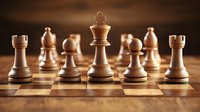 Wooden chess pieces arranged on classic board with king in focus, dramatic lighting creates depth and strategy atmosphere on brown background.