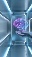 Futuristic holographic brain floating above open palm in high-tech laboratory corridor with neon lighting for medical technology and neuroscience concepts.