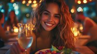Young Hispanic woman with radiant smile enjoying wine at romantic evening dinner, warm ambient lighting creates glowing atmosphere with bokeh effects.