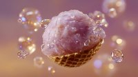 Pink strawberry ice cream scoop in waffle cone surrounded by floating water drops against blurred pink and golden background with bokeh light effects.