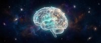 Glowing human brain with neural networks floating in cosmic space with stars and nebula for neuroscience and artificial intelligence concepts.