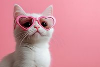 Adorable white kitten wearing pink heart-shaped sunglasses on soft pink background for Valentine's Day greeting cards and romantic pet photography.