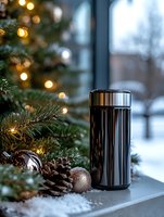 Black thermal travel mug with copper lid on windowsill beside decorated Christmas tree with warm lights, pinecones and ornaments creating cozy holiday atmosphere.