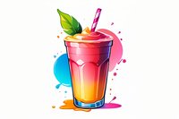 Colorful gradient smoothie in tall glass with straw and mint leaf, decorated with bright paint splashes on white background, ready for menu design.
