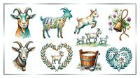 Goat, deer, and floral botanical elements isolated on white background, ready for design use on textiles, clipart, and decorative projects.