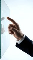 Male hand in business attire touching transparent digital interface screen, representing technology interaction, innovation, and modern corporate solutions for web and app design.