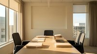 Modern conference room with wooden table and black chairs in corporate office building with city view through large windows.
