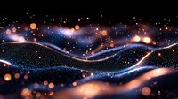 Glowing particles flow in waves against dark background with orange bokeh lights and blue luminous dots creating magical cosmic atmosphere.