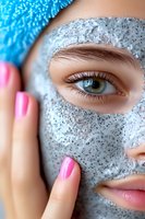 Close-up of woman applying gray exfoliating mask with pink manicured nails. Macro shot focusing on blue eye with long eyelashes and natural skin care treatment.