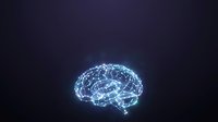 Glowing digital brain with neural network connections on dark background, representing artificial intelligence, machine learning, and advanced technology concepts.