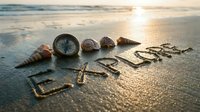 Word explore written in wet sand on ocean beach with compass and seashells at golden sunset, travel and adventure concept.