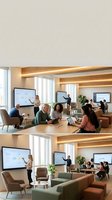 Modern corporate meeting room with diverse business team collaborating around conference table with multiple screens and natural lighting.