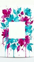 Watercolor floral frame with vibrant turquoise and magenta flowers, leaves and paint splatters creating decorative border for text or design elements.