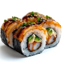 Fresh unagi sushi rolls with grilled eel, avocado, and rice wrapped in nori, topped with sweet soy glaze, sesame seeds and green onions on white background.