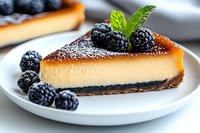 Slice of creamy cheesecake with chocolate cookie crust garnished with fresh blackberries and mint leaves on white plate, close up view of dessert.