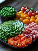 Fresh vegetable and meat platter with spiral sliced cucumber, cherry tomatoes, green peas, yellow tomatoes and rolled prosciutto arranged artistically for entertaining.