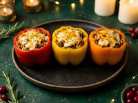 Three colorful stuffed bell peppers with melted cheese on dark plate surrounded by festive holiday decorations, candles and string lights for dinner recipes.