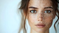 Young woman with digital code projection on face representing artificial intelligence and facial recognition technology in modern cybersecurity systems.