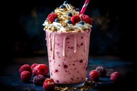 Creamy raspberry milkshake topped with fresh berries, whipped cream, and granola drizzle on dark background, garnished with pink straw and scattered raspberries.