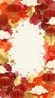 Red and gold lanterns with watercolor splashes and cloud ornaments frame a blank white center space, ideal for text, greetings, invitations, posters, and festive event designs.