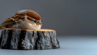 Small brown sparrow resting on rustic wood slice against blurred gray background, showcasing delicate feathers and peaceful sleeping pose in natural setting.