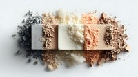 Crushed makeup powder palette showing gradient of neutral tones from charcoal to cream and peach, scattered on white surface creating artistic cosmetic texture.