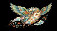 Colorful folk art flying hedgehog with ornate wings and floral swirls, isolated on transparent background, ready for stickers, t-shirt design, and print on demand.