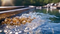 Splashing water droplets create dynamic motion against sunlit blue surface, with golden sunlight catching water spray in close-up macro photography.