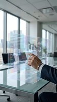 Businessman in dark suit interacting with holographic data visualization display showing financial charts, graphs and analytics on transparent screen in modern office with windows.